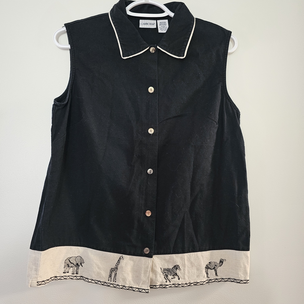 Cabin Creek Black Sleeveless Top Embroidered Hem Cotton Linen Medium Neutral
